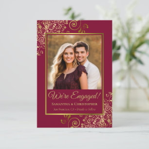 Elegante Anúncio de Noivado em Ouro & Burgundy ou 