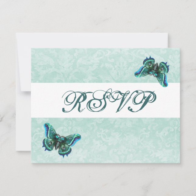 Elegante Aqua Damask Butterflies RSVP Casamento (Frente)