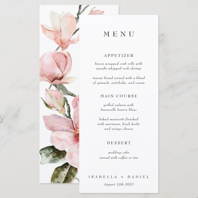Elegante Aquarela Magnolia Botânica Weding Menu (Frente/Verso)
