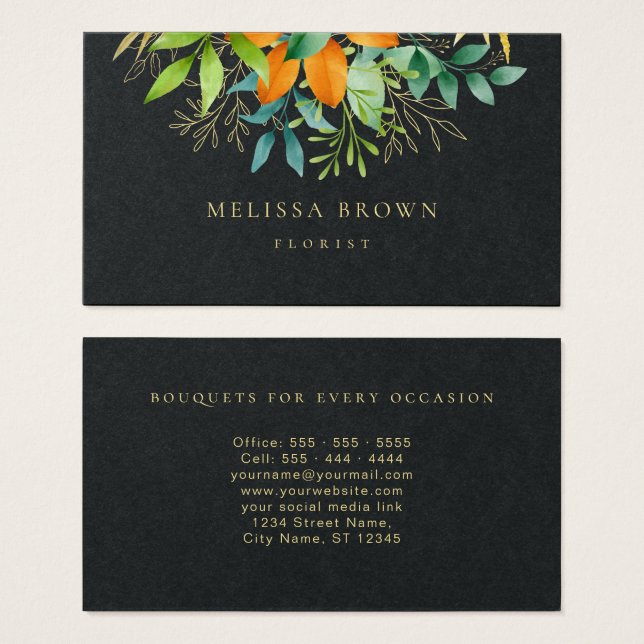 Elegante Aquarela Verde Luxo Botânico Preto (Frente & Verso)