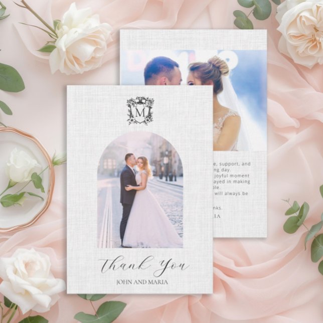 Elegante Arco de Foto Branco Agradecimento de Casa (Elegant arch photo wedding thank you card with crest)