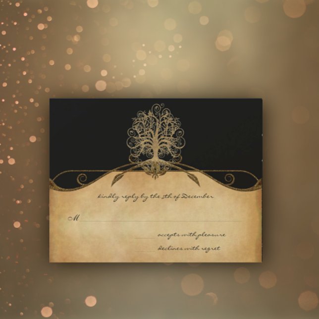 Elegante Árvore Preta e Dourada de Casamento RSVP (Criador carregado)