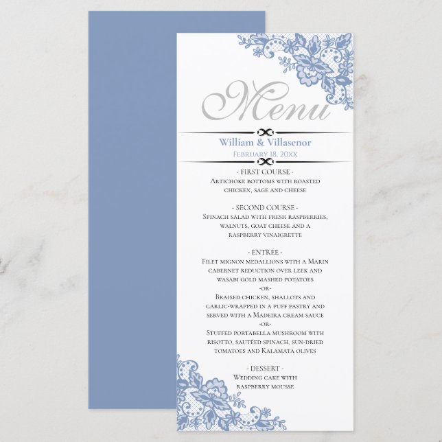 Elegante Azul Dusty no Menu de Casamento Branco (Frente/Verso)
