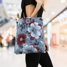 Elegante Azul e Borgonha Floral Tote Bag