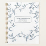 Elegante Azul e Branco Planejador Francês<br><div class="desc">Planeador Personalizado Ilegante sem Datas com Aves Francesas Azuis e Brancas em galhos de árvores em fundo branco</div>