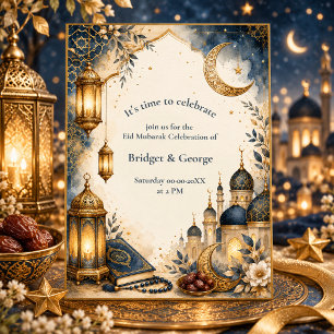 Elegante Azul e Dourado Ramadan Eid Mubarak