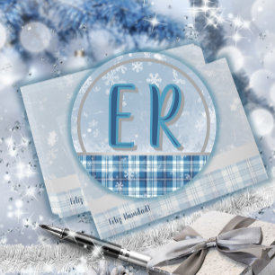 Elegante Azul Etiqueta Monograma Navideña