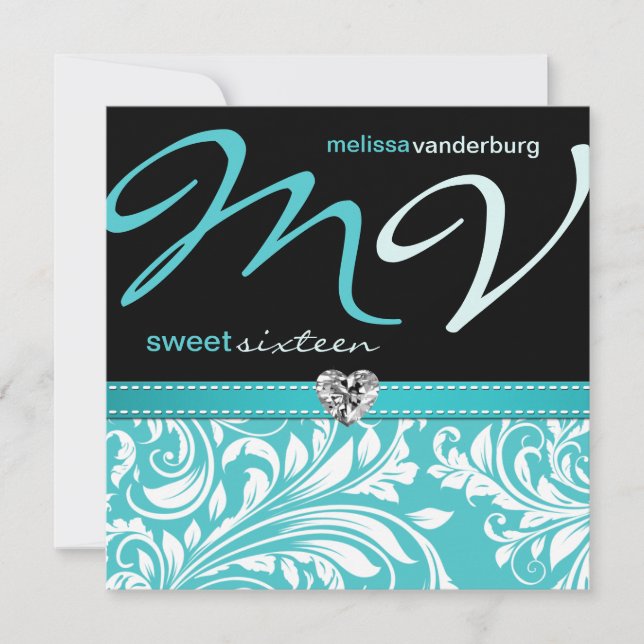 Elegante Azul-Teal Doce Dezesseis Convites de Aniv (Frente)