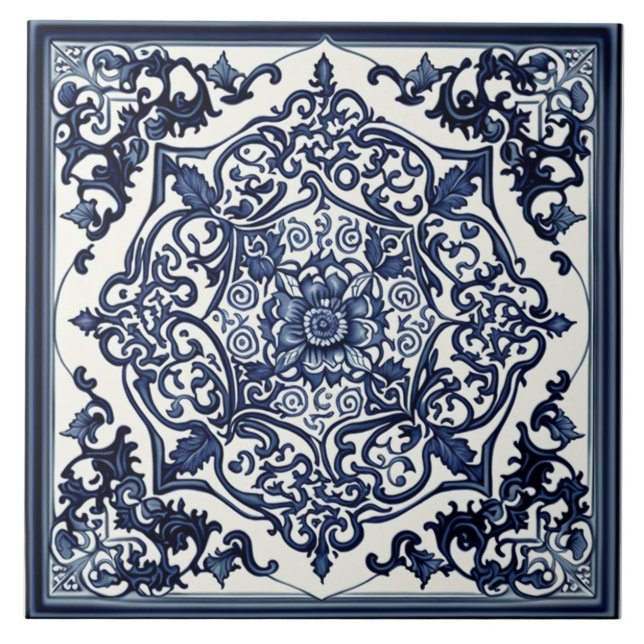 Elegante Azulejo azul e branco, Rosa, Design chinê (Frente)