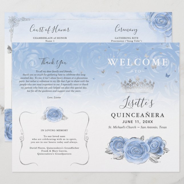 Elegante Baby Blue e Silver Quinceanera (Frente/Verso)