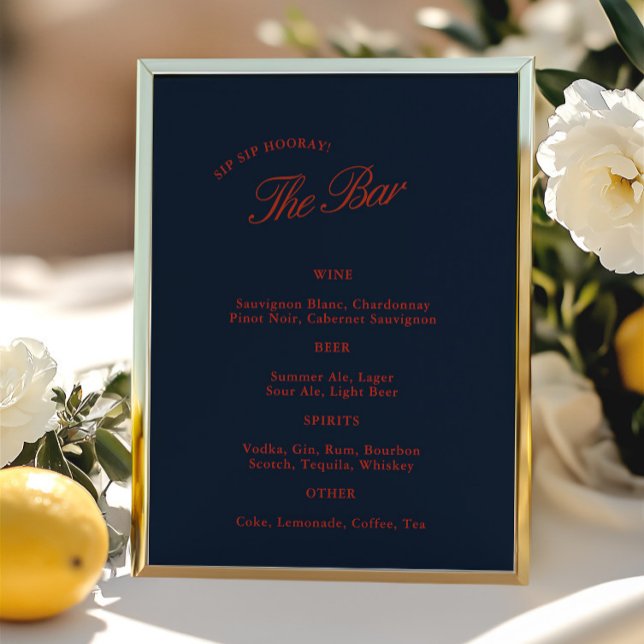 Elegante Bar Azul Profundo Preto e Vermelho (Elegant Deep Blue Black & Red Wedding Bar Menu)