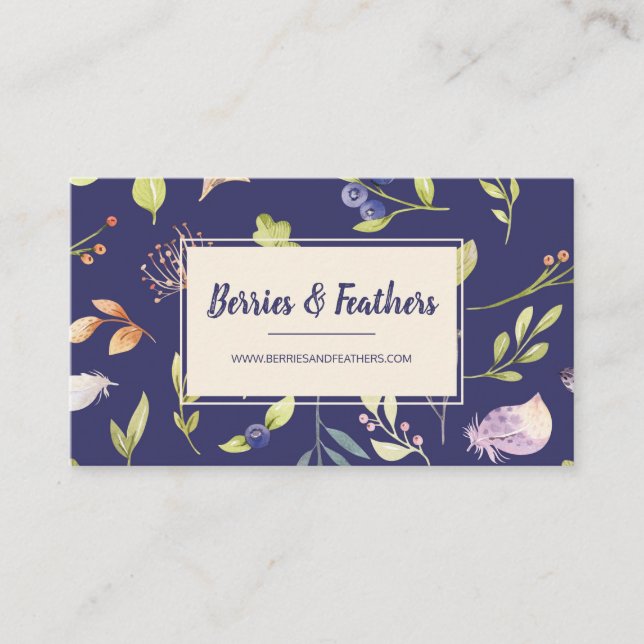 Elegante Berries & Feather Boho Cartão de visita (Frente)
