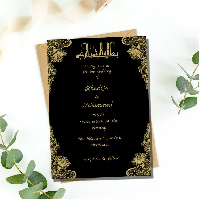ELEGANTE Black and gold ISLAMIC WEDDING Convite (Criador carregado)
