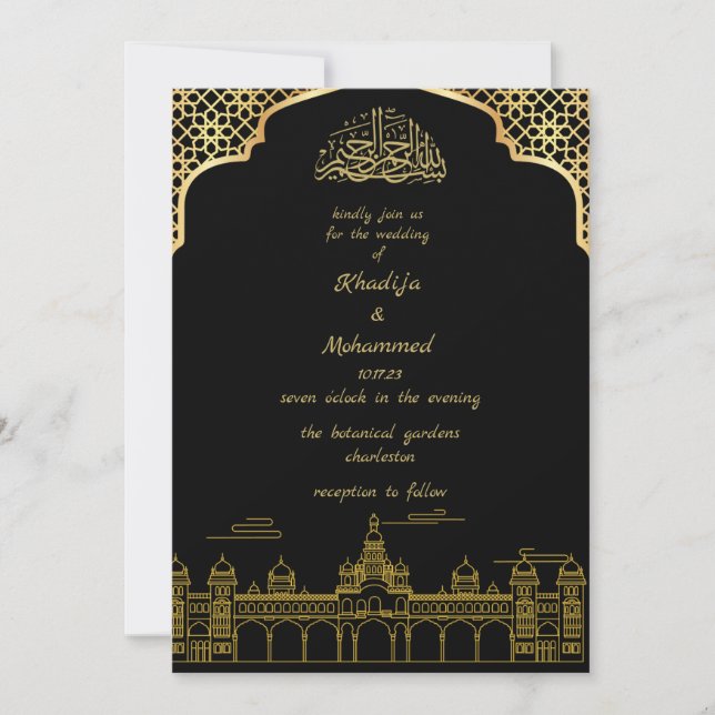 ELEGANTE Black and gold ISLAMIC WEDDING Convite (Frente)