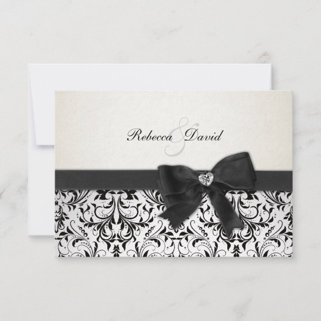 Elegante Black and Ivory Damask com RSVP de diaman (Frente)