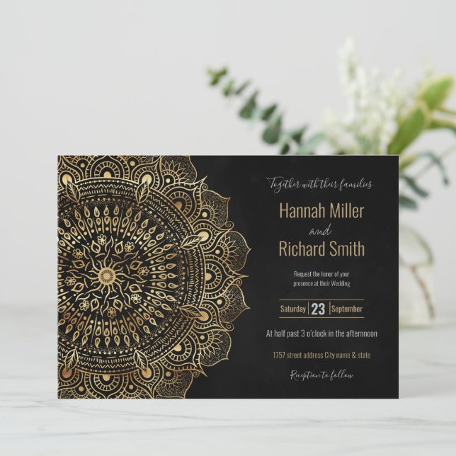 Elegante Black Dourado Mandala Floral Design (Em pé/Frente)