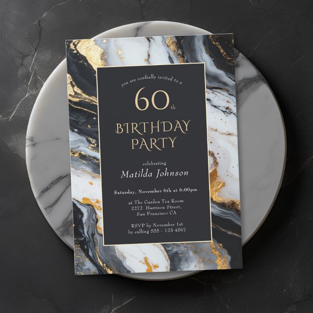 Elegante Black e Dourado 60º Convite de Aniversári (Elegant Black and Gold 60th Birthday Invitation)