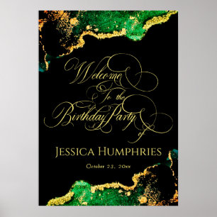 Elegante Black Emerald Dourado Birthday Poster