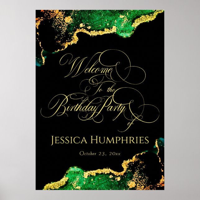 Elegante Black Emerald Dourado Birthday Poster (Frente)