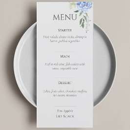 Elegante Blue Beige Hydrangea Menu Casamento