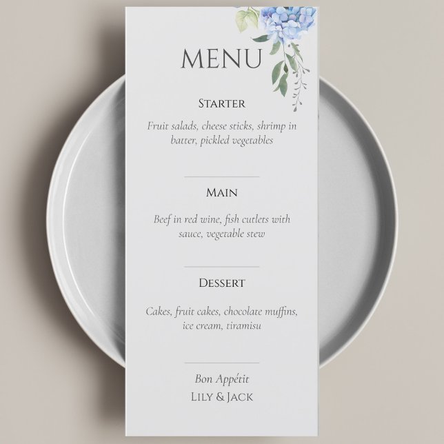 Elegante Blue Beige Hydrangea Menu Casamento (Criador carregado)