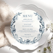 Elegante Blue Cinza Floral Round Menu Flat Round