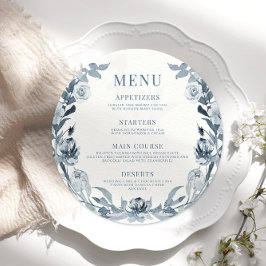 Elegante Blue Cinza Floral Round Menu Flat Round