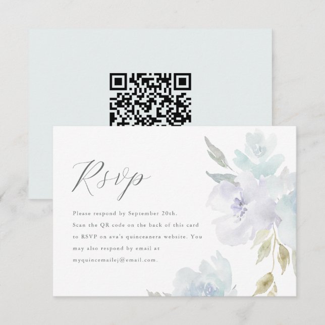 Elegante Blue Floral Quinceanera Código QR RSVP (Frente/Verso)