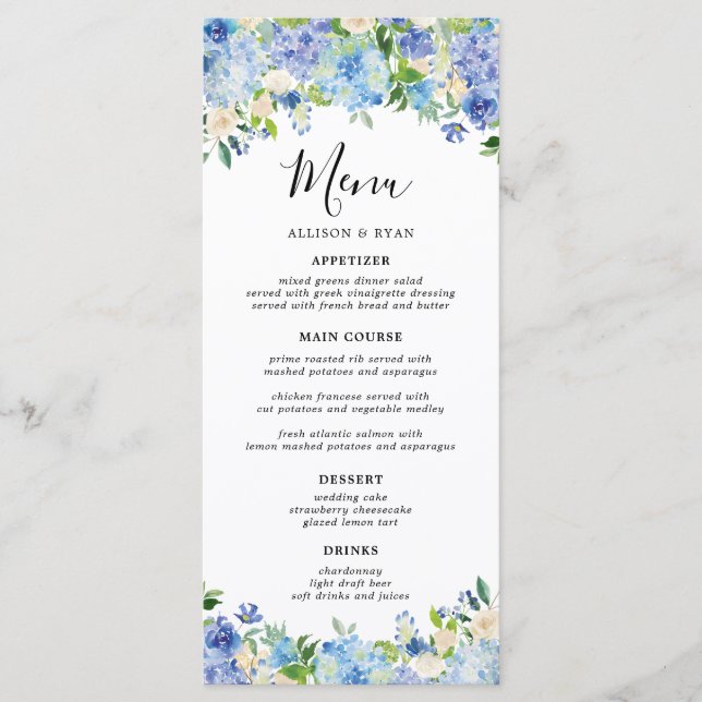 Elegante Blue Hydrangea Floral Wedes Menus (Frente)