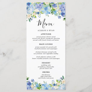 Elegante Blue Hydrangea Floral Wedes Menus