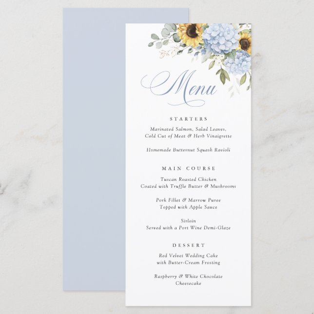 Elegante Blue Hydrangea Sunflower Menu Casamento (Frente/Verso)