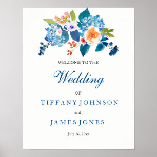 Elegante Blue & Peach Floral Weding Weclome Poster