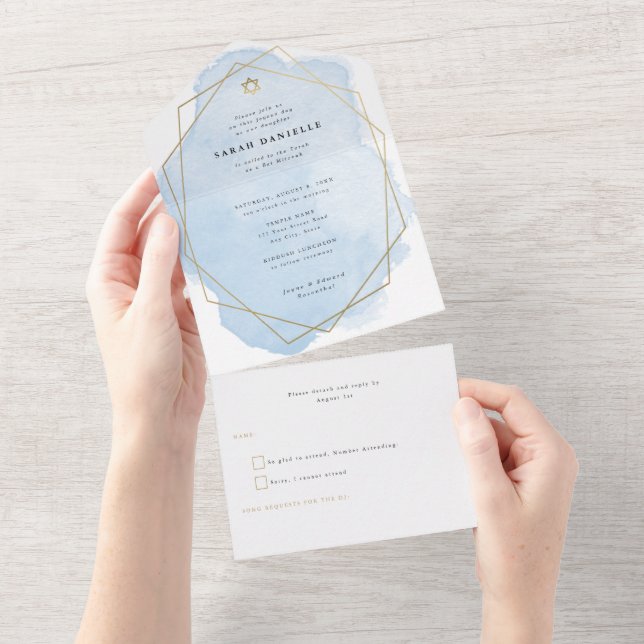 Elegante Blue Watercolor Frame Bat Mitzvah (Aba destacável)