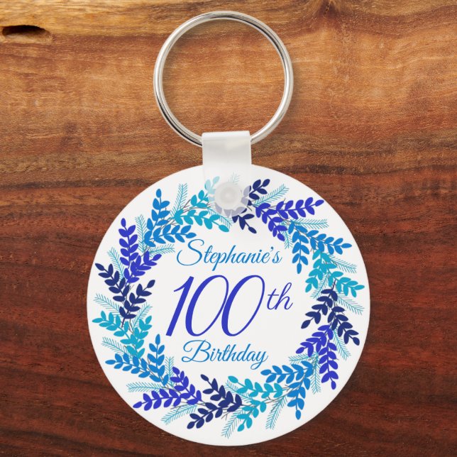 Elegante Blue Wreath 100th Birthday Chaveiro (Frente)