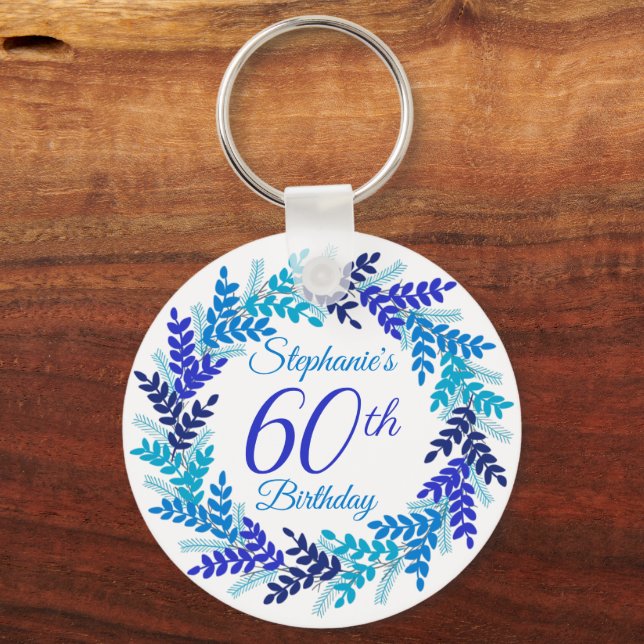 Elegante Blue Wreath 60th Birthday Chaveiro (Frente)