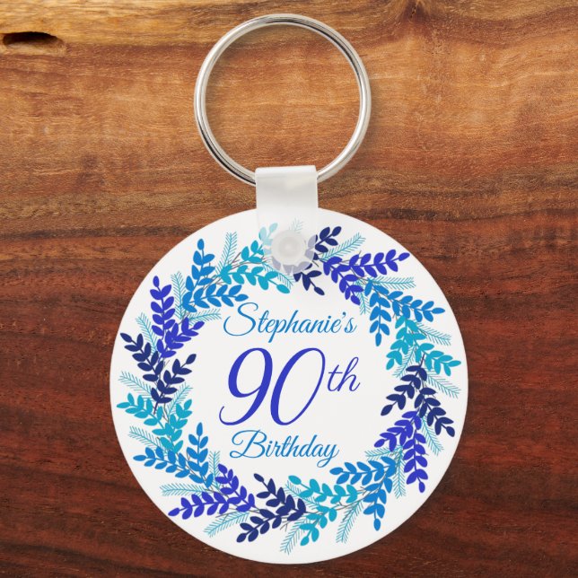 Elegante Blue Wreath 90 Birthday Chaveiro (Frente)