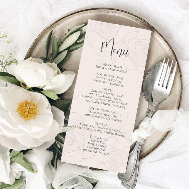 Elegante Blush Floral Greenery Menu Calliografia (Elegant blush floral menu card with simple calligraphy and simple block-style letterings. )