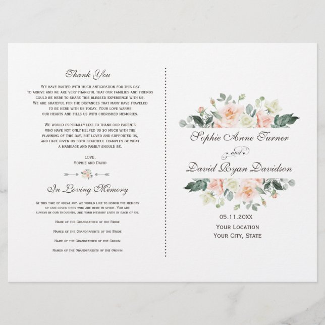 Elegante Blush White Cream Floral Wedment Program (Frente)