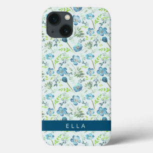 Elegante Boho Azul Verde Flores De Aquarelas Nome 