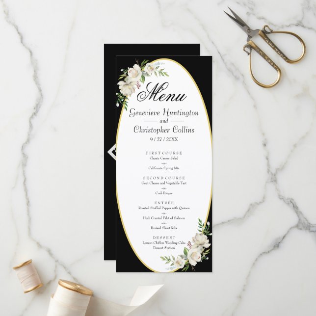 Elegante Boho Black Floral Weding Menu (Frente/Verso In Situ)