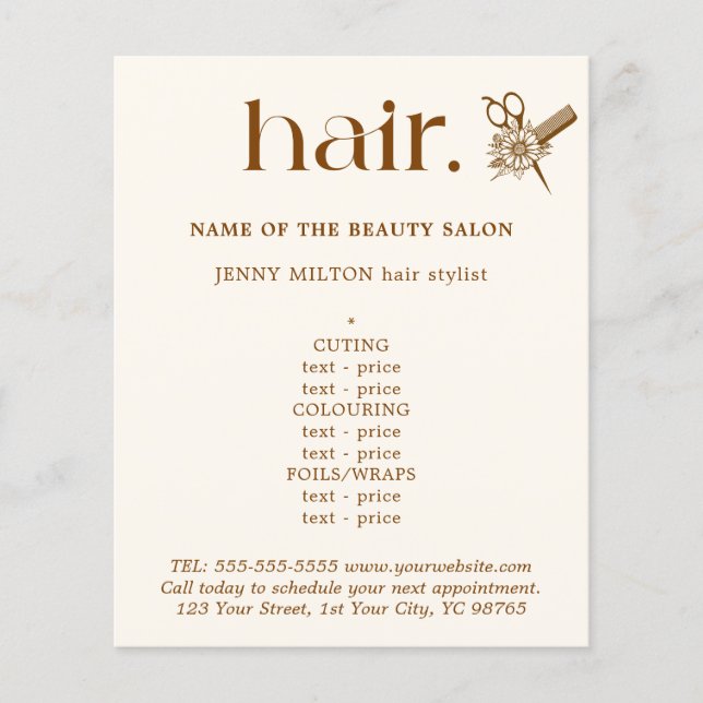 Elegante Boho Brown Ouro Scissors Hair Menu (Frente)