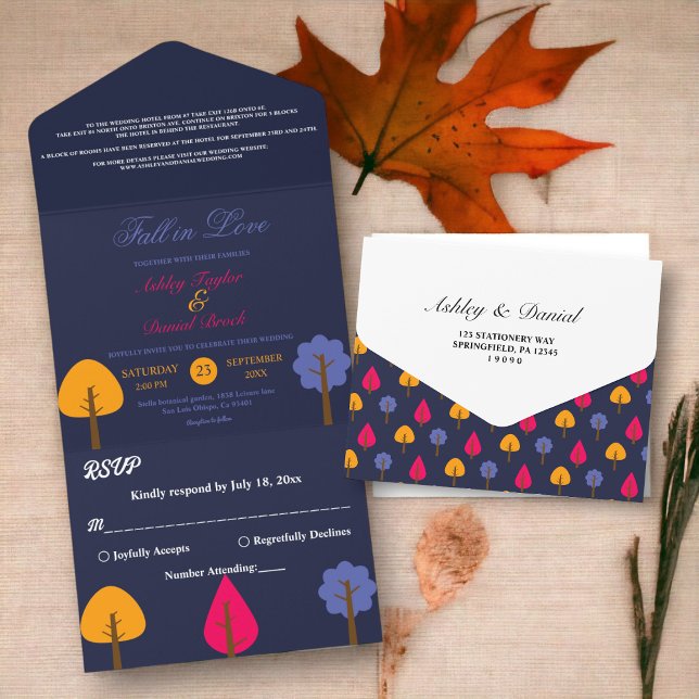 Elegante Boho Colorful Trees Marinho Casamento out (Criador carregado)