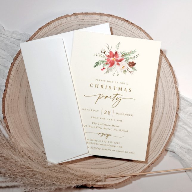 Elegante Boho Convite de festas Cream Dourado (Boho Christmas party invitations - elegant cream poinsettia)
