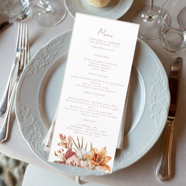Elegante Boho Fall Floral Wedes Menus (Criador carregado)