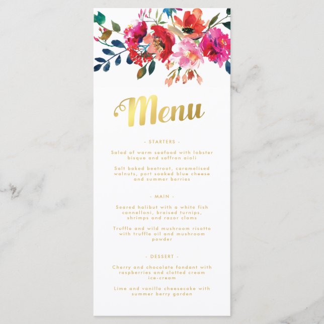 Elegante Bold Floral Watercolor Dourado Menu (Frente)