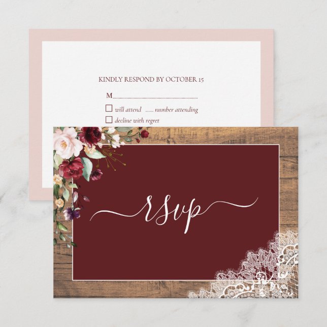 Elegante Burgundy Blush Botanical Lace Wood RSVP (Frente/Verso)