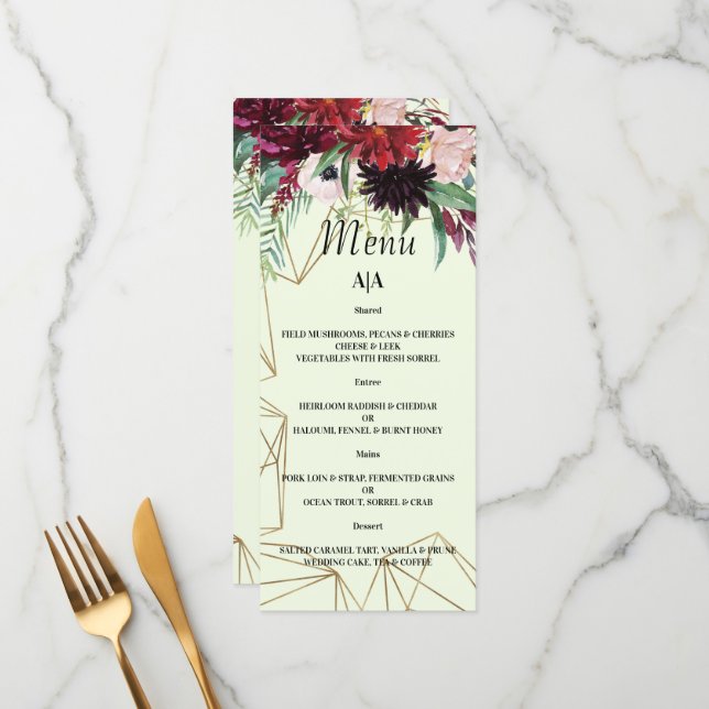 Elegante Burgundy Blush WEDDING MENU. Menu (Frente/Verso In Situ)