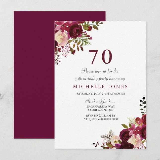 Elegante Burgundy Floral 70 Convite de Aniversário (Frente/Verso)