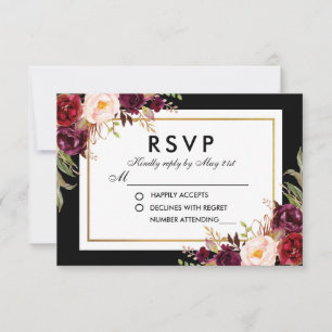 Elegante Burgundy Floral Black Dourado Weding RSVP