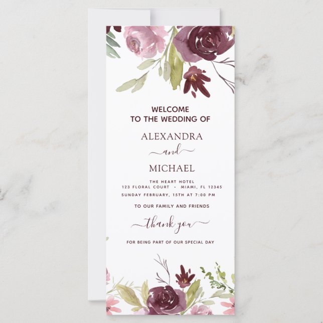 Elegante Burgundy Floral Watercolor Wedment (Frente)
